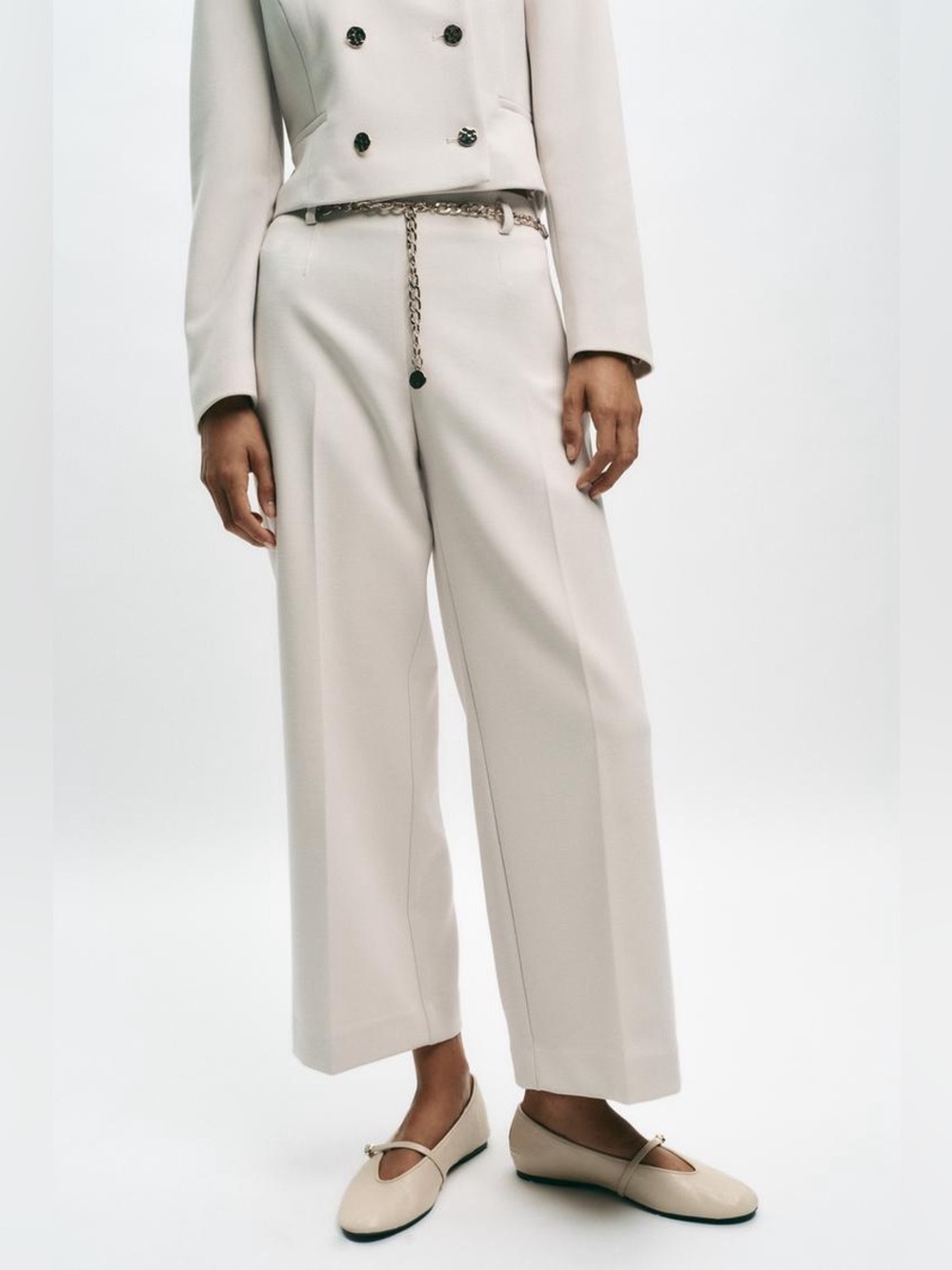 Zara NEW Trousers Cropped Creased w Golden Chain Belt Buttoned Pockets Ivory S